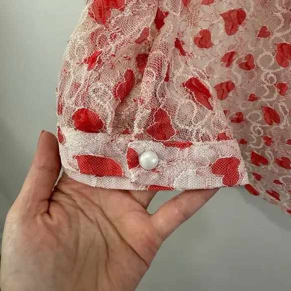 Fairy Heart Ruffle Mock Neck Sheer Mesh Lace Top Sz XL Cottage Prairie Romantic - Picture 7 of 12